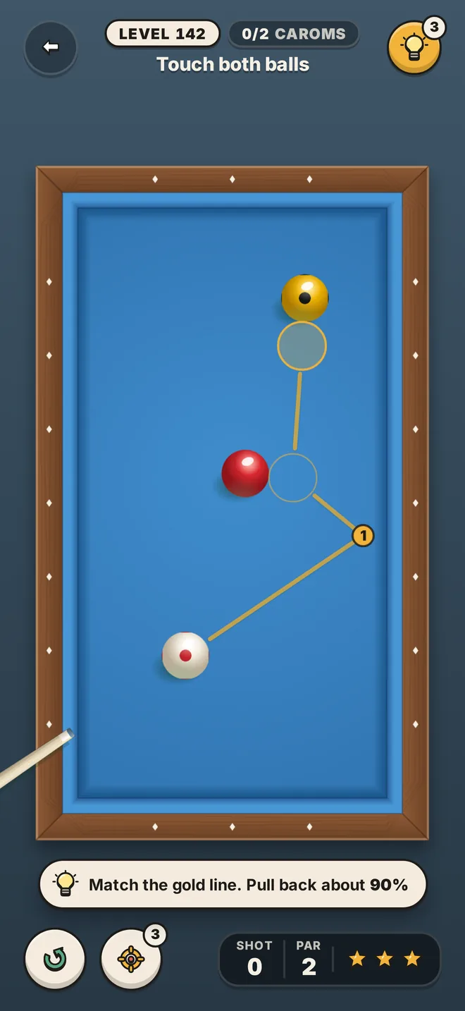 A pocketless carom table with the cue ball's cushion route