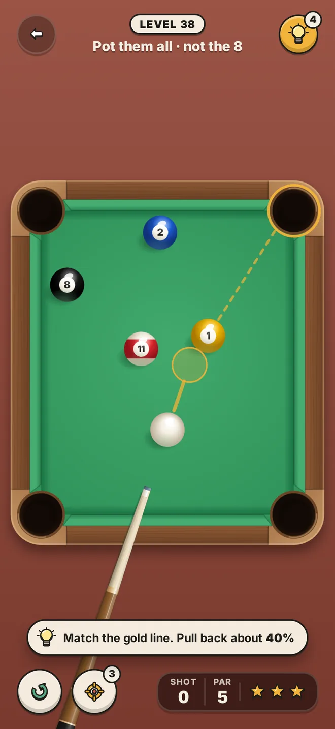 A pool table with numbered balls and the aim line