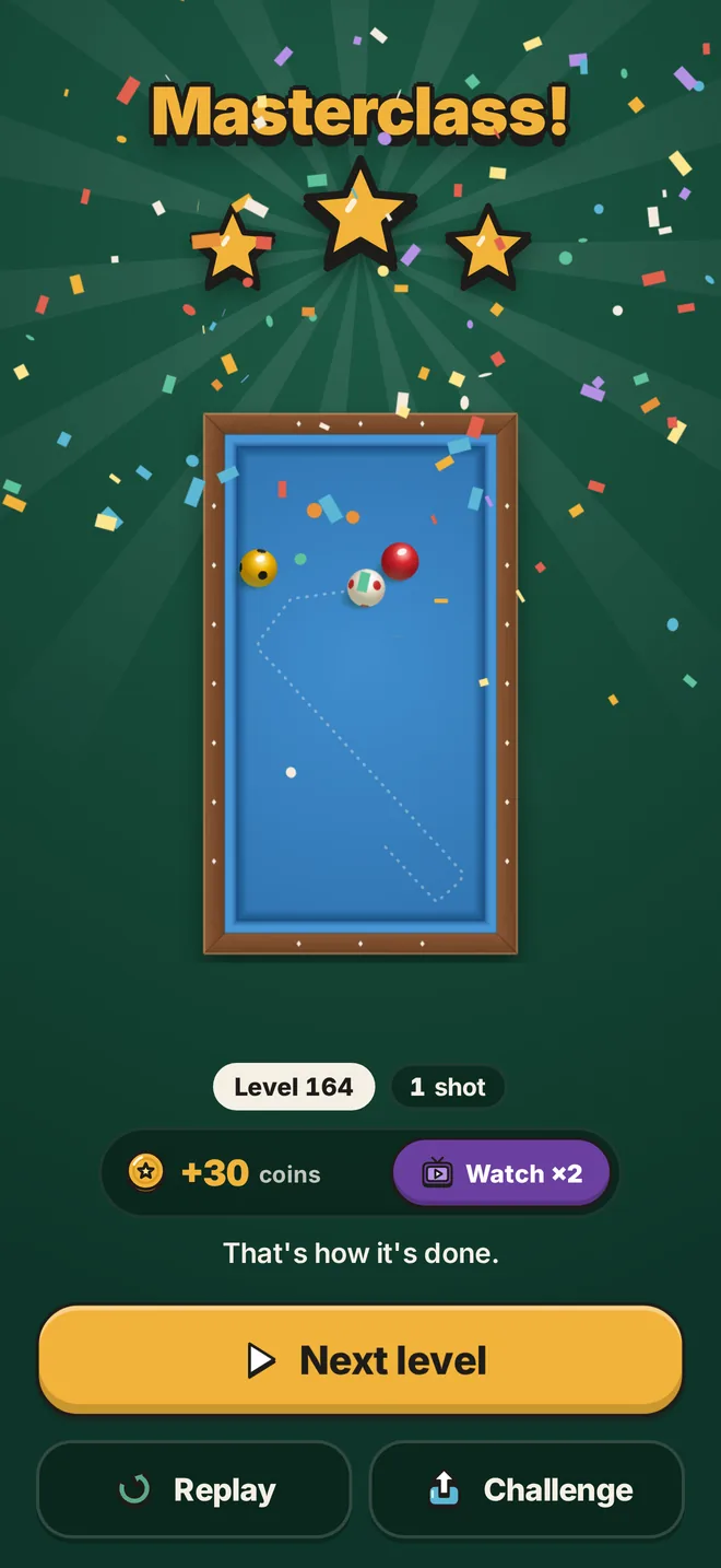 The win screen with three stars and a replay of the shot